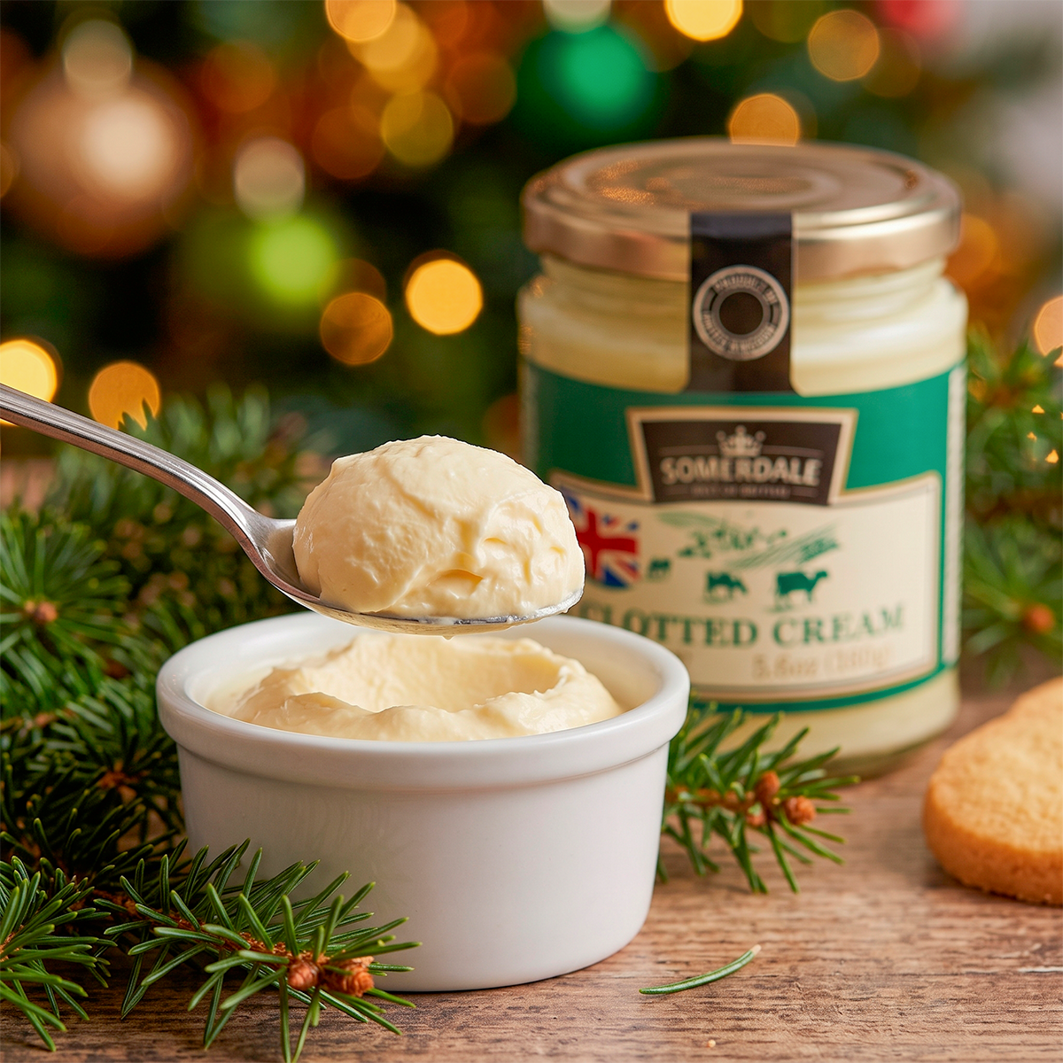 Jar of clotted cream with a spoonful being lifted from a bowl, festive lights behind