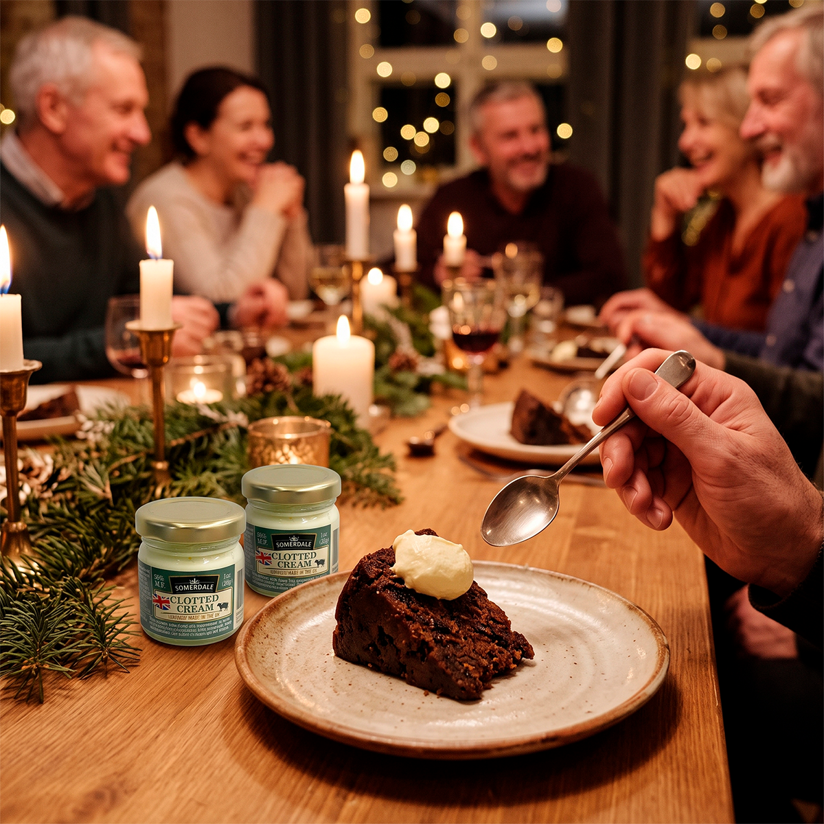 People at a festive table with candles, serving cream onto a pudding, jars of cream on the table.