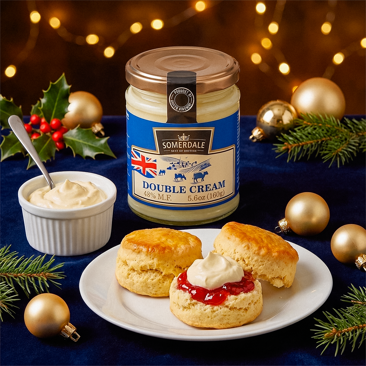 Jar and bowl of cream with scones on a plate, festive lights and baubles in the background