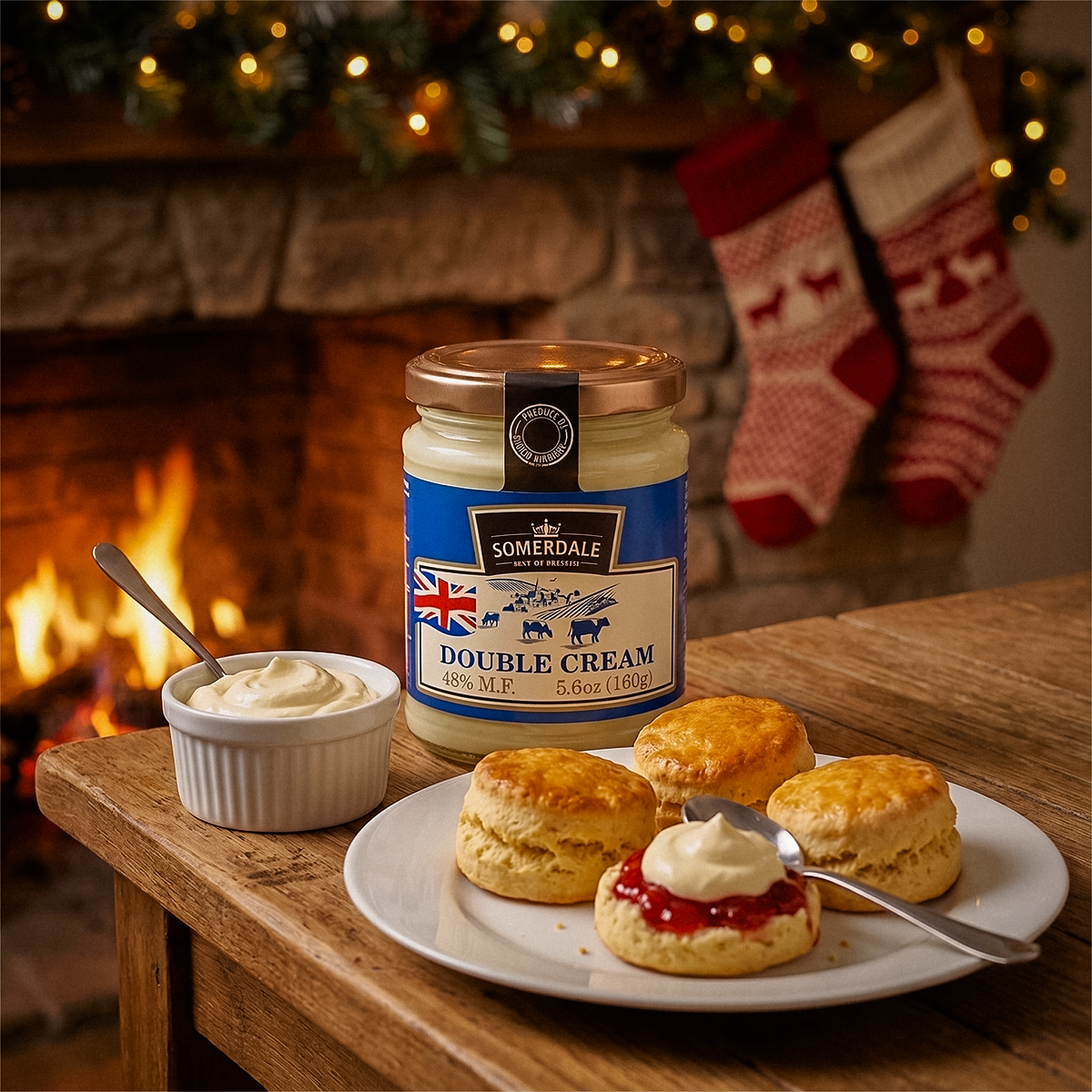 Jar and bowl of cream with scones on a plate, fireplace and stockings in the background