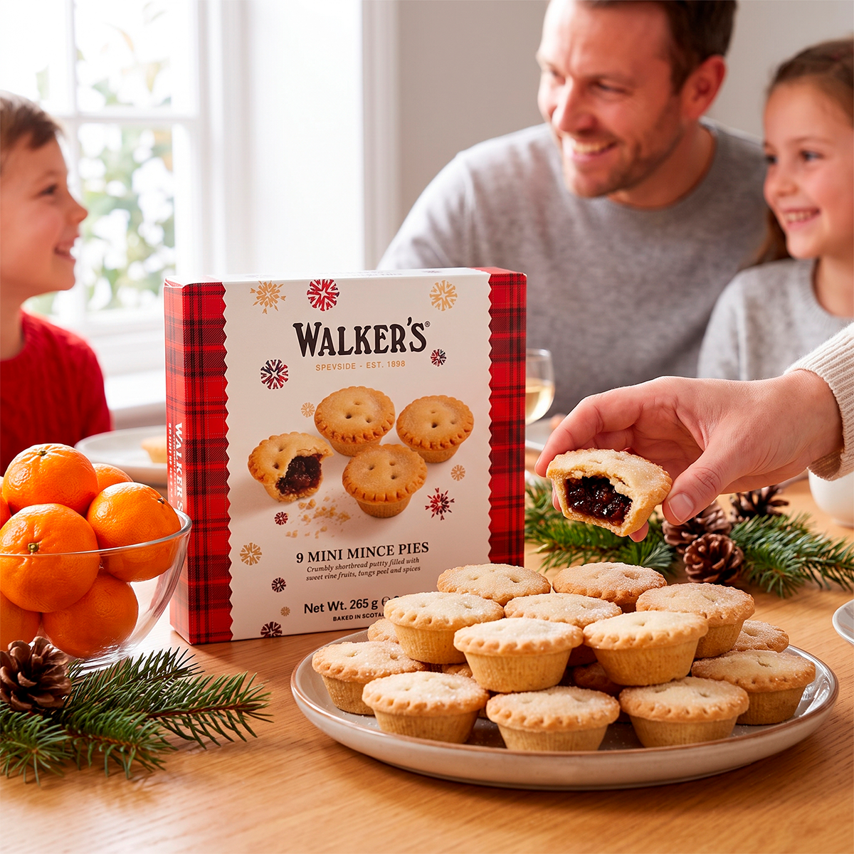 Family reaching for Walker’s mince pies from a plate, with the box on a table beside oranges and pine cones.