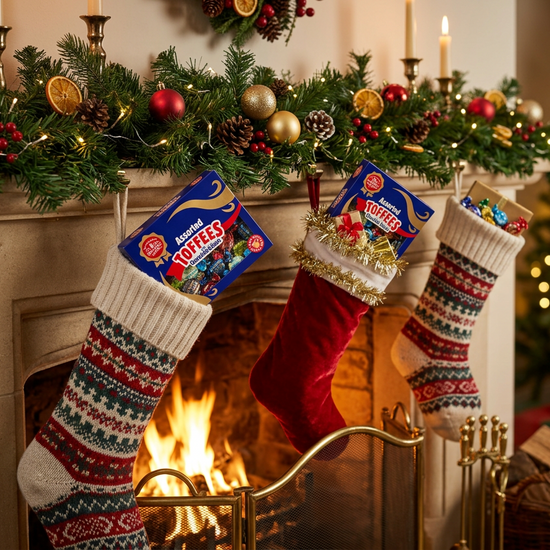 Box of toffee in a Christmas stocking