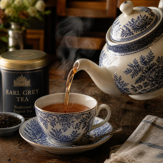 A blue-and-white ceramic teapot pours hot tea into a matching teacup and saucer on a wooden table, with an open jar of Earl Grey tea and a small bowl of tea leaves nearby.