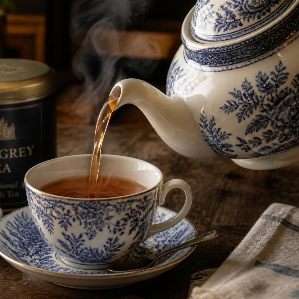 A blue-and-white ceramic teapot pours hot tea into a matching teacup and saucer on a wooden table.