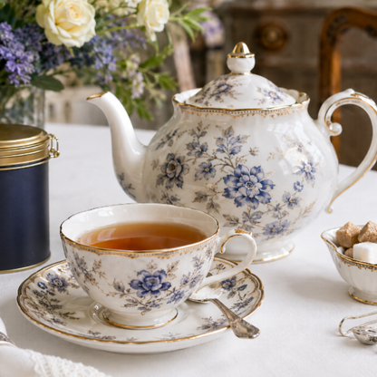 A white porcelain teapot and matching teacup and saucer set with blue floral patterns and gold trim, styled on a table with tea, sugar, and flowers in the background.