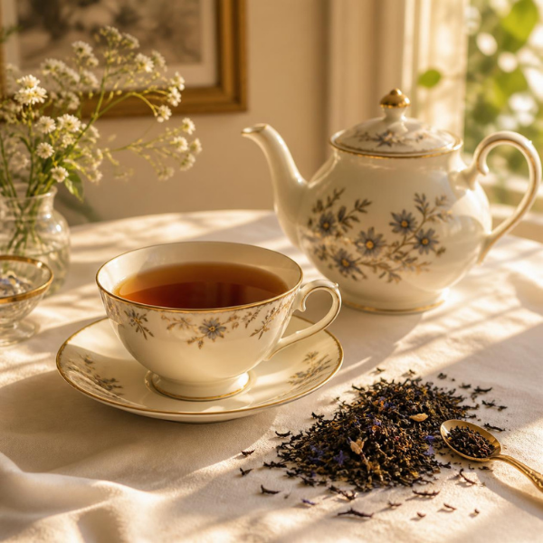 A white ceramic teapot and matching teacup with blue floral patterns and gold trim sit on a draped cream tablecloth in warm sunlight. Loose black tea and a small gold spoon with tea are in front, with a vase of white flowers and framed wall art softly blurred in the background.