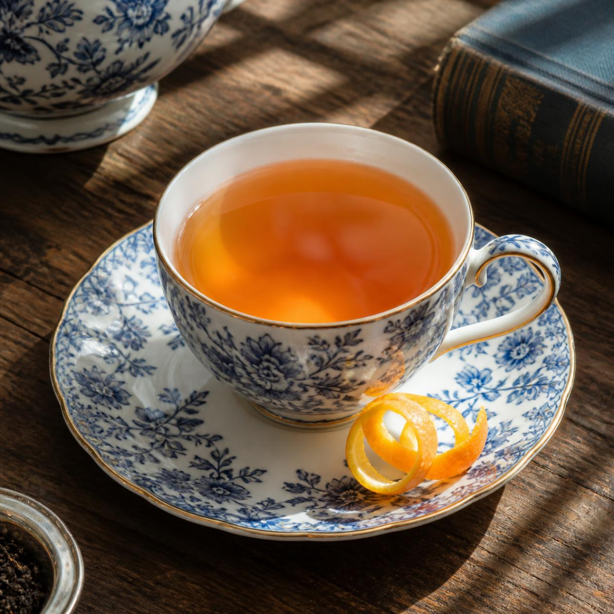 A blue-and-white floral teacup filled with amber Earl Grey tea sits on a matching saucer on a wooden table, with an orange peel curl beside it and part of a book and teapot visible in the background.