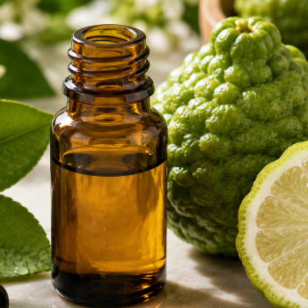 An amber glass essential oil bottle with a dark amber liquid, styled with a green burr citrus fruit, a lime slice, and green leaves on a light stone surface.