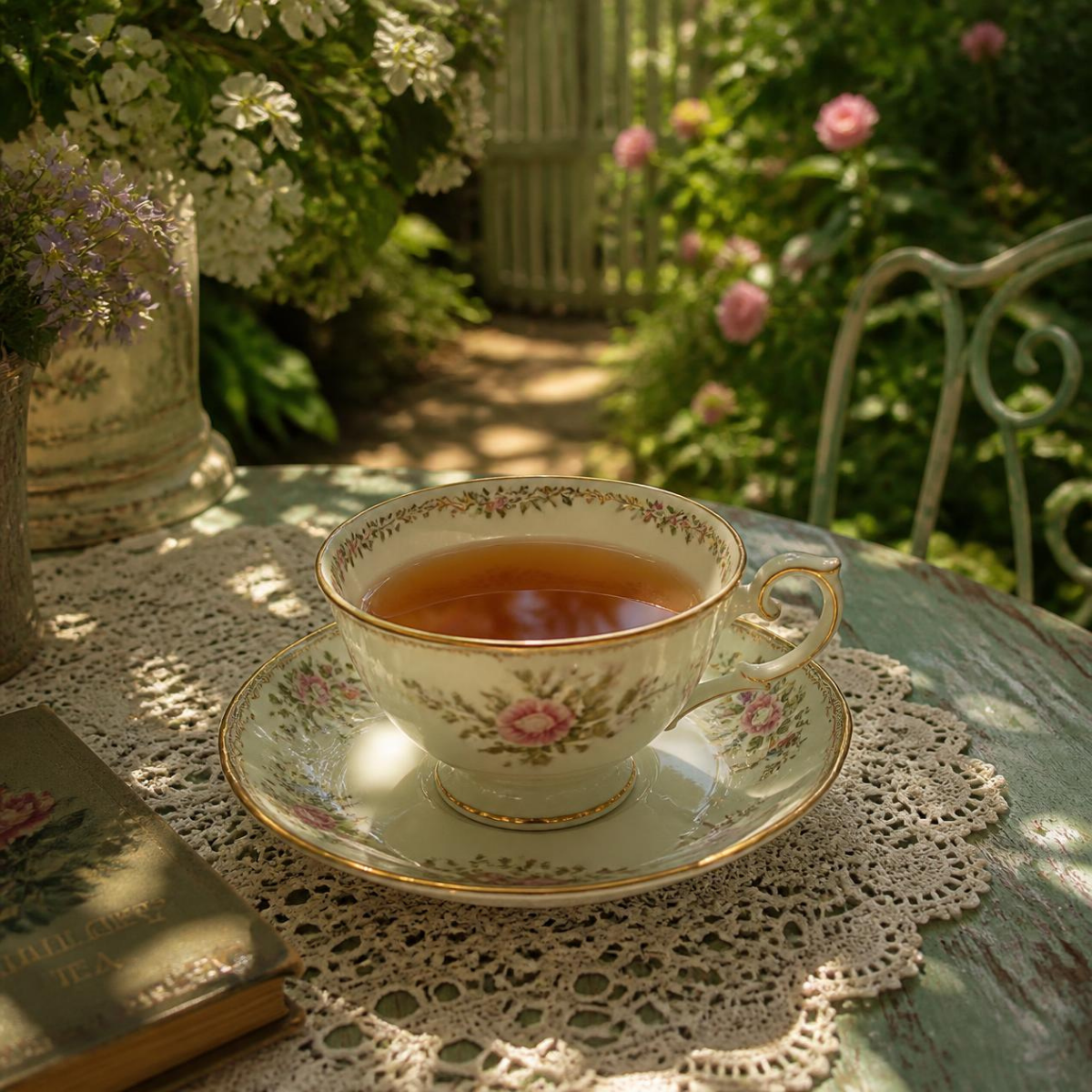 A vintage-style floral teacup and saucer filled with Earl Grey tea sits on a lace doily on a rustic table, surrounded by a garden path, flowers, and a chair in soft sunlight.