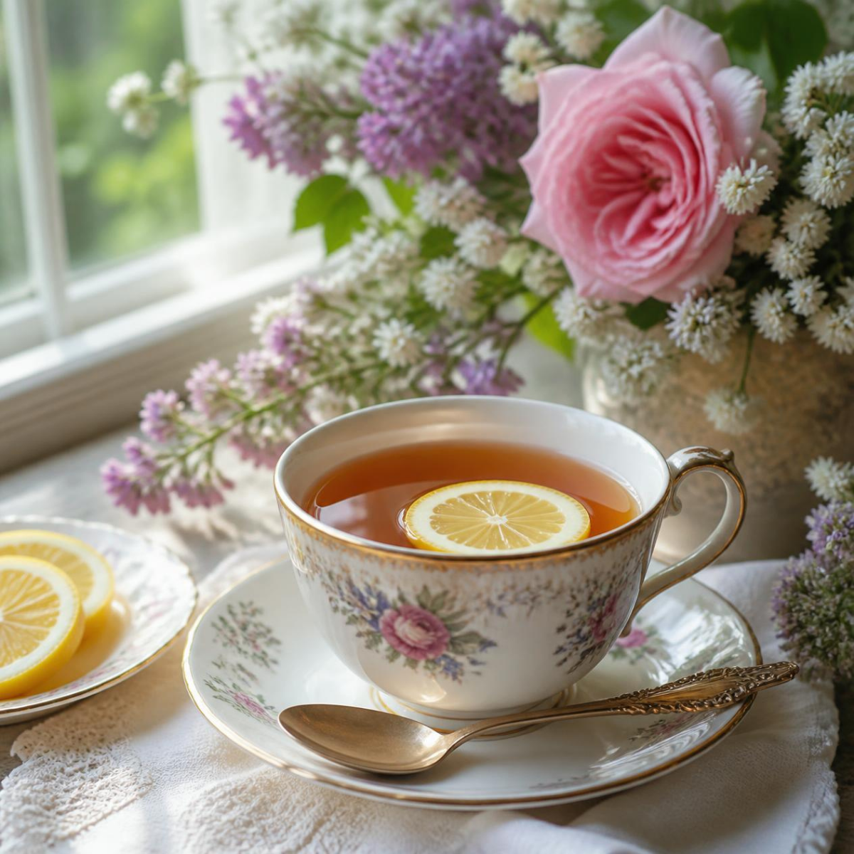 A floral teacup filled with tea and a lemon slice sits on a matching saucer with a spoon, styled on a tablecloth beside lemon slices and a vase of pink and white flowers near a window.