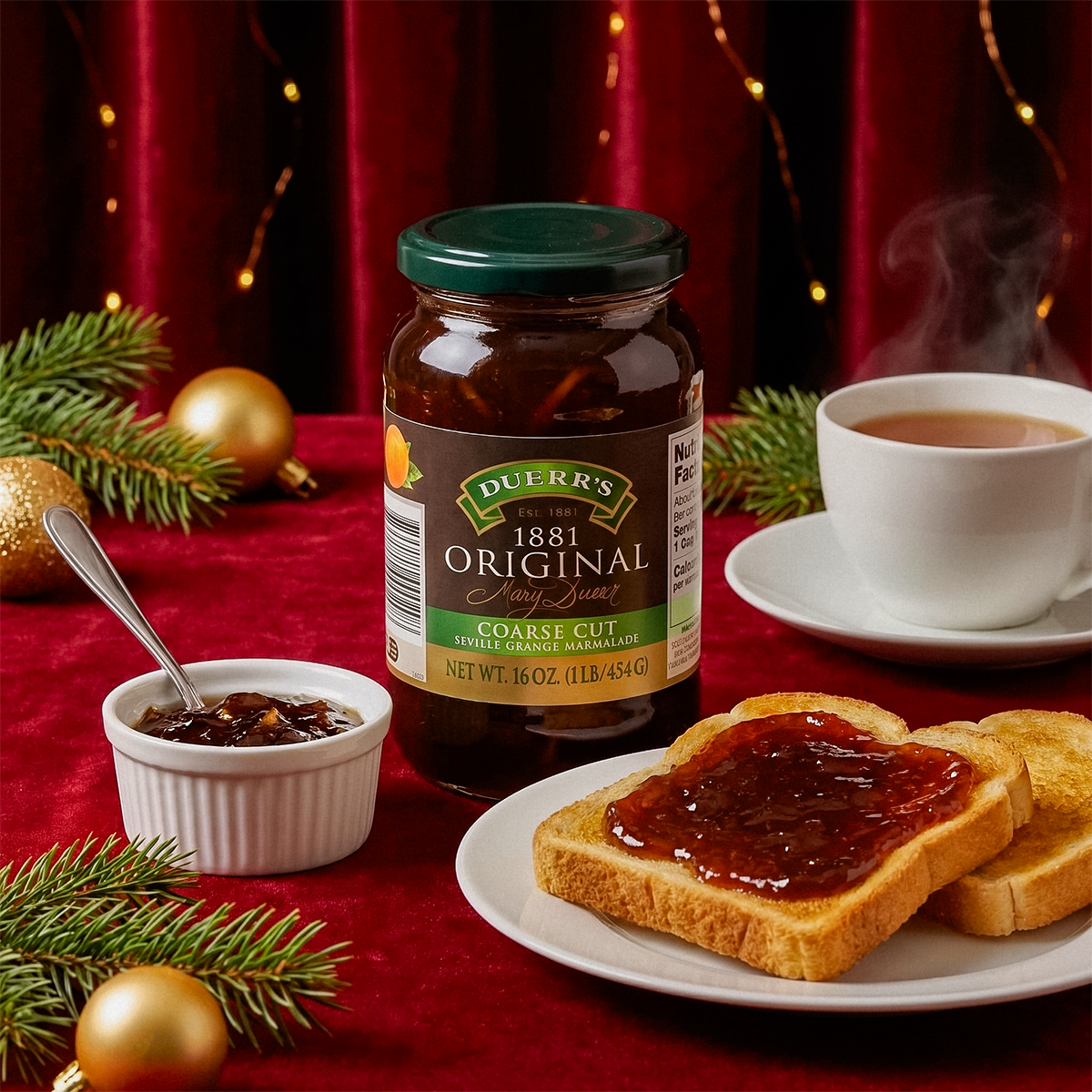 Jar of marmalade with tea, toast, and festive decorations on a red tablecloth