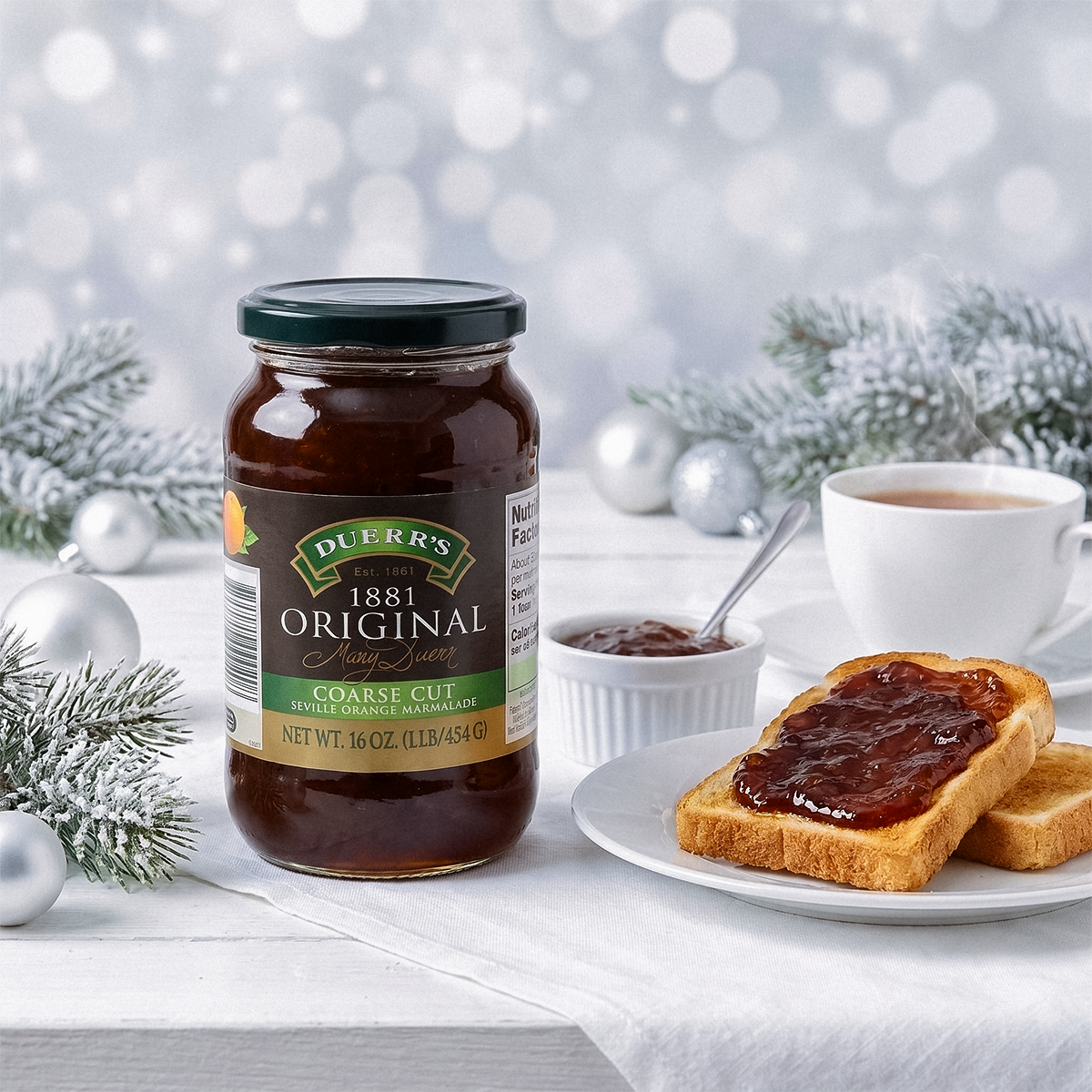 Jar of marmalade with tea, toast, and a snowy background