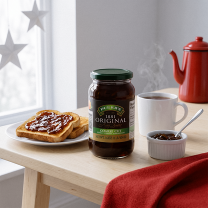 Jar of marmalade with a red teapot, toast, and a snowy window