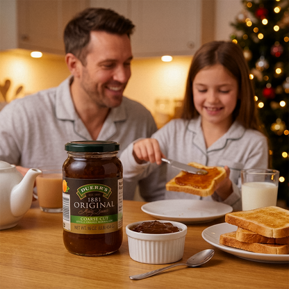 Man and girl spreading marmalade on toast at a table with a Christmas tree