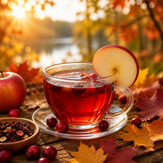 A clear glass teacup filled with amber-red tea sits on a matching saucer outdoors in autumn, garnished with a red apple slice. The scene includes whole apples, cranberries, fallen leaves, and a blurred lake-and-tree background with warm sunlight.