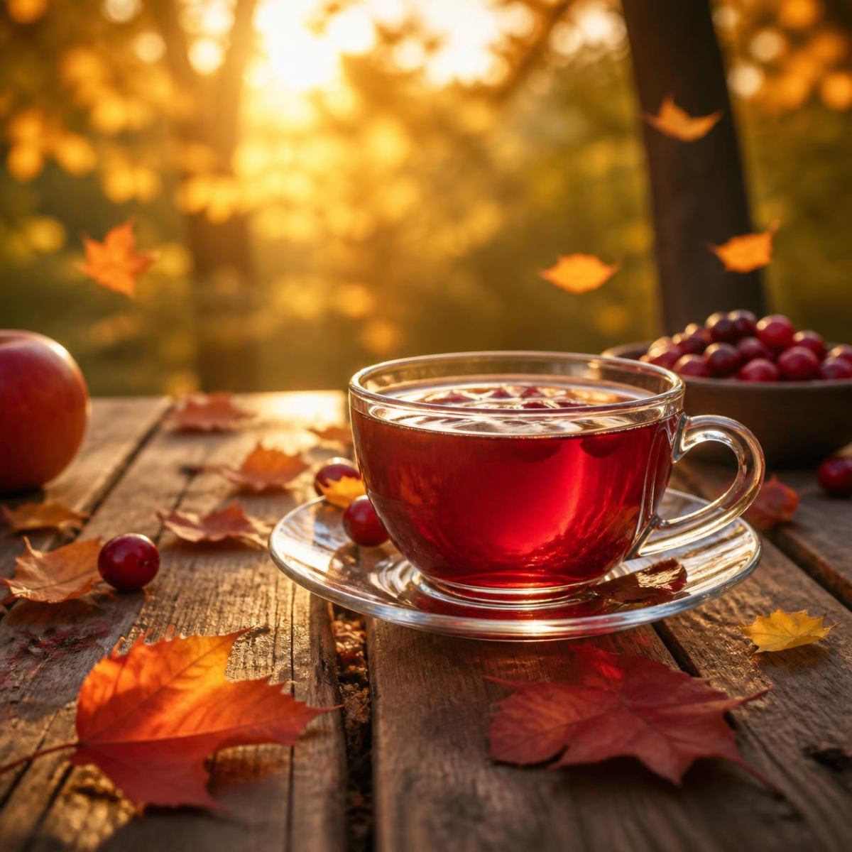 A clear glass cup filled with red tea sits on a matching saucer on a rustic wooden table, surrounded by autumn leaves, cranberries, and an apple in a warm outdoor setting with sunlight filtering through trees.