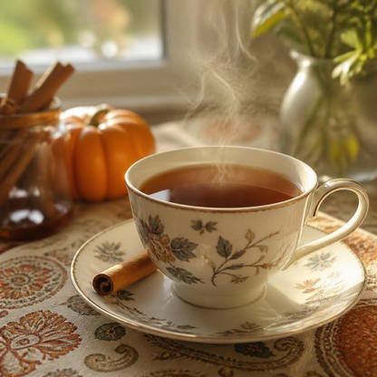 A steaming cup of tea in a white ceramic teacup and saucer with a floral pattern and gold trim, set on a patterned tablecloth with a cinnamon stick. A small orange pumpkin, a jar of cinnamon sticks, and a vase of greenery are softly blurred in the background near a window.