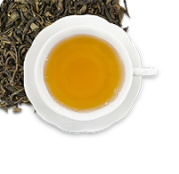 Image icon of dry loose-leaf tea in the upper corner underneath a white teacup and saucer filled with yellow colored hot tea