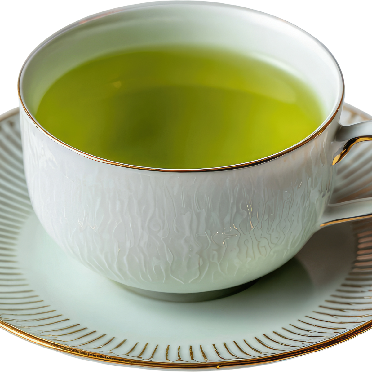 A white ceramic teacup with gold trim filled with light green tea, resting on a matching saucer against a clean white background.