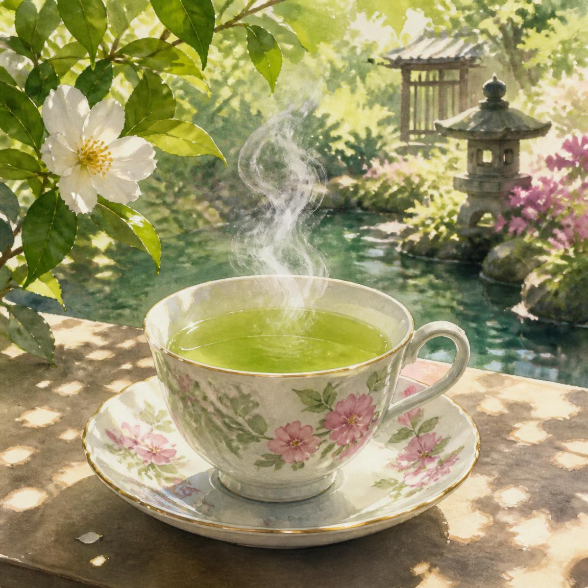 A floral teacup filled with green tea sits on a matching saucer on a wooden table, with steam rising in a serene garden setting. The cup and saucer are decorated with pink flowers and green leaves, and the background features a Japanese-style garden pond, stone lantern, and lush foliage.