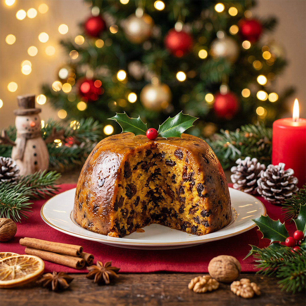 Christmas pudding on a plate with pine cones, cinnamon sticks, walnuts, a snowman figure, and a Christmas tree behind