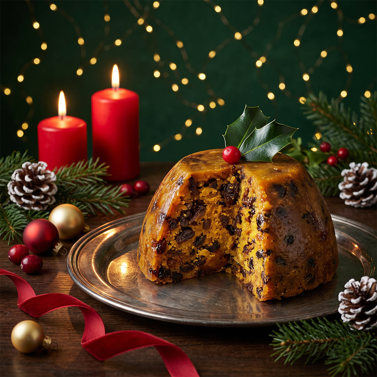 Christmas pudding on a plate with red candles, pine cones, gold baubles, and a red ribbon