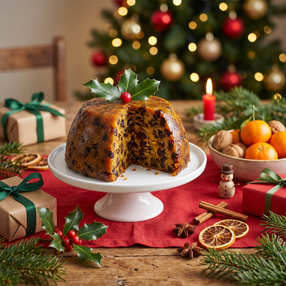 Christmas pudding on a cake stand with gifts, oranges, pine sprigs, and a Christmas tree in the background