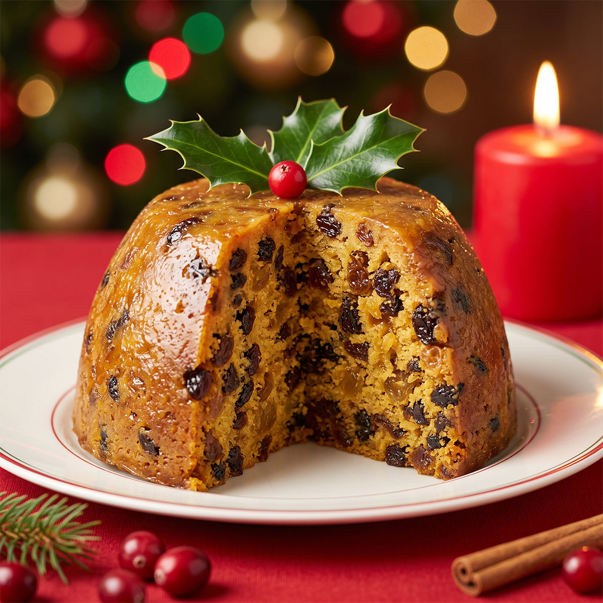 Christmas pudding on a plate with holly, red berries, cinnamon sticks, a red candle, and festive lights