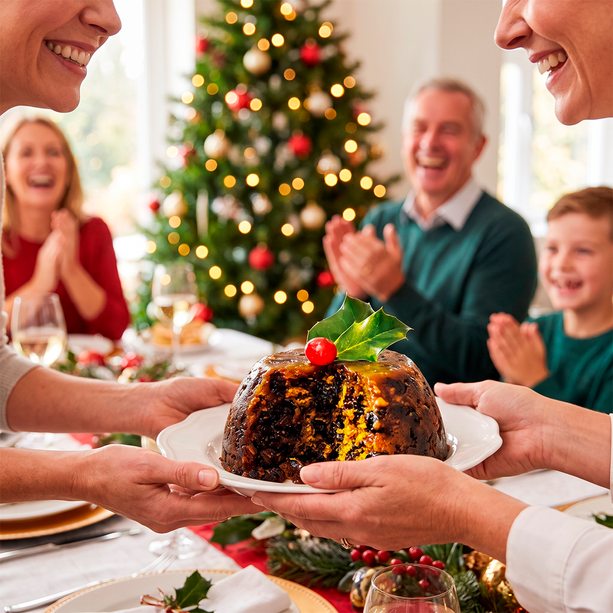 Family gathered around a Christmas tree holding a Christmas pudding