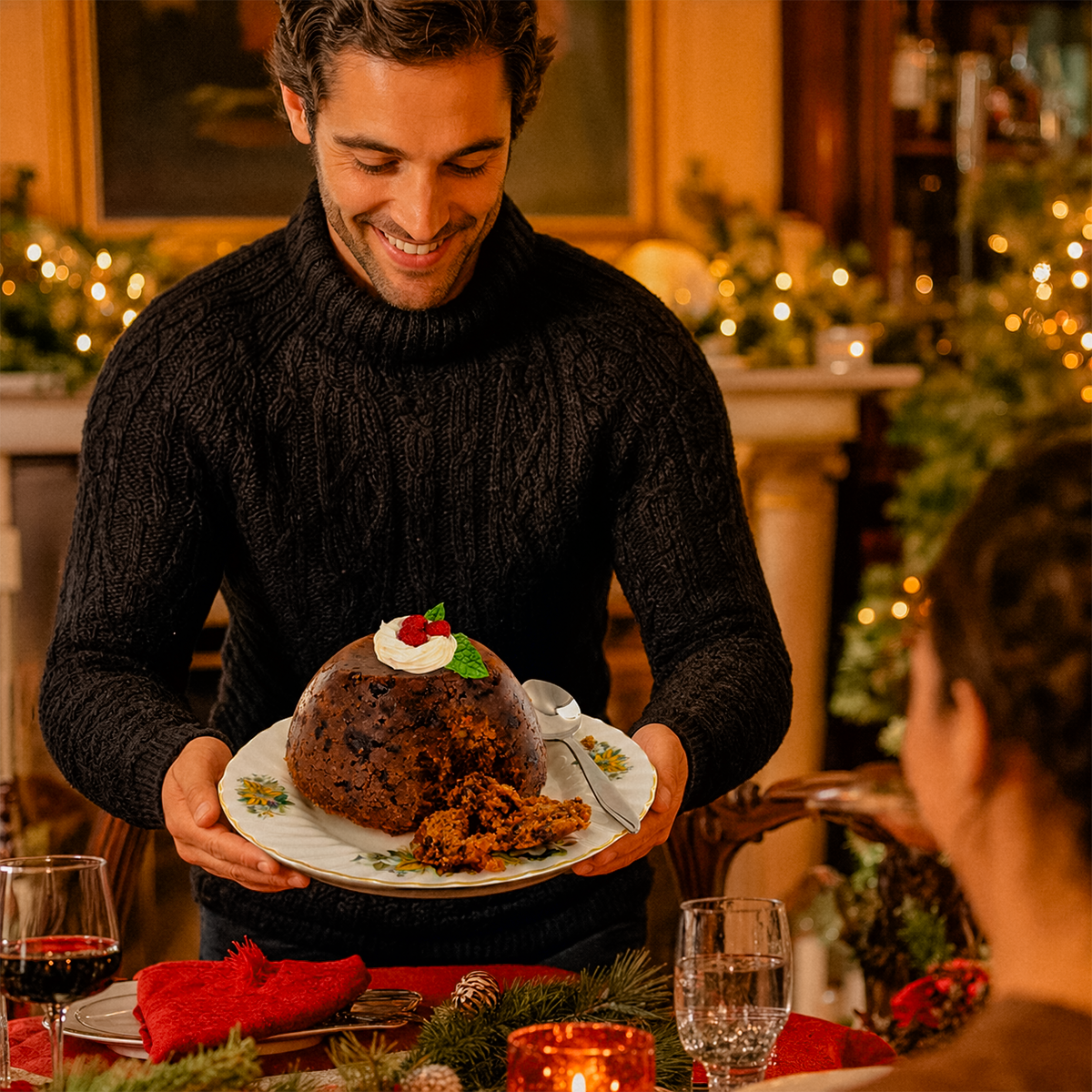 Man holding a Christmas pudding at a holiday table.