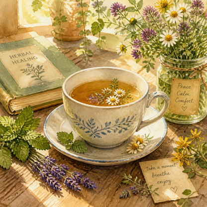 A rustic tea cup filled with herbal tea sits on a matching saucer on a wooden table, surrounded by fresh flowers, herbs, a book, and small cards in a warm, sunlit setting.
