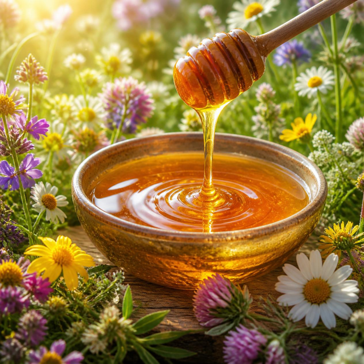 A rustic ceramic bowl filled with golden honey, with honey dripping from a wooden dipper into the bowl. The bowl is surrounded by a bed of wildflowers on a wooden surface, with a soft-focus background of a sunlit meadow.