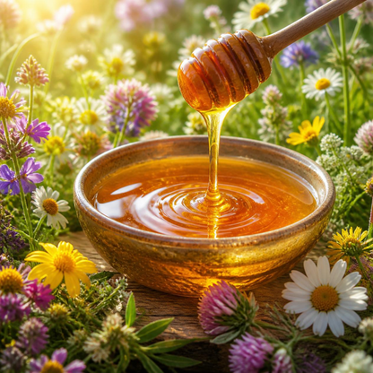 A rustic ceramic bowl filled with golden honey, with honey dripping from a wooden dipper into the bowl. The bowl is surrounded by a bed of wildflowers on a wooden surface, with a soft-focus background of a sunlit meadow.