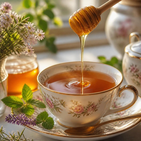 A floral teacup filled with amber honey sits on a matching saucer, with a wooden honey dipper dripping honey above it. Mint leaves, small flowers, and a jar of honey are arranged around it in a warm, sunlit setting.