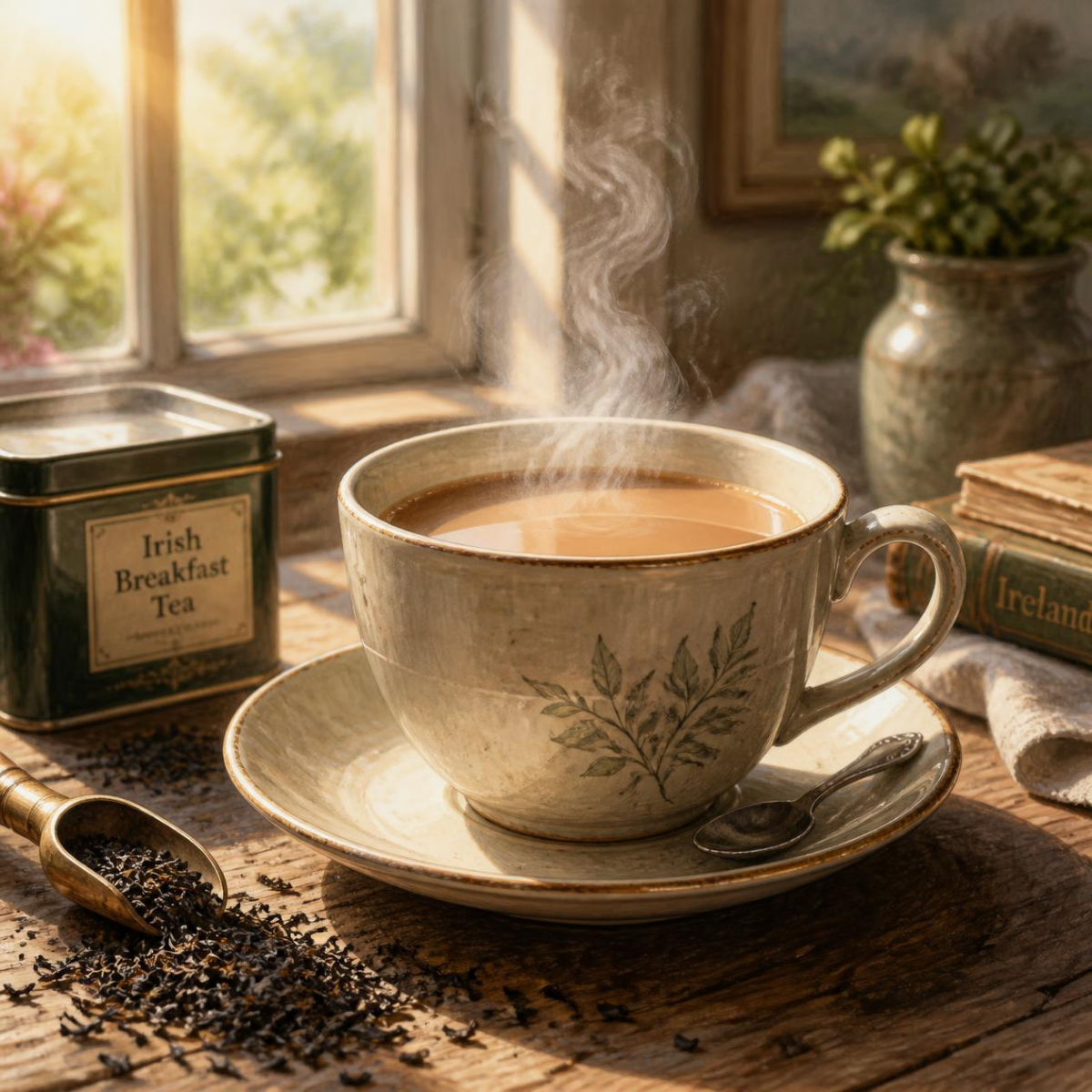 A rustic ceramic cup of steaming Irish breakfast tea sits on a matching saucer on a wooden table, with a green tea tin, loose tea leaves, and a spoon nearby in a warm, sunlit room.
