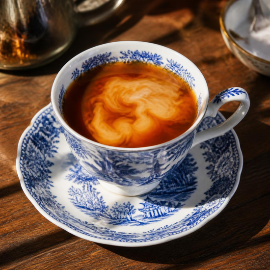 A blue and white porcelain teacup and saucer filled with iced coffee or tea, set on a rustic wooden table with warm sunlight and shadows.