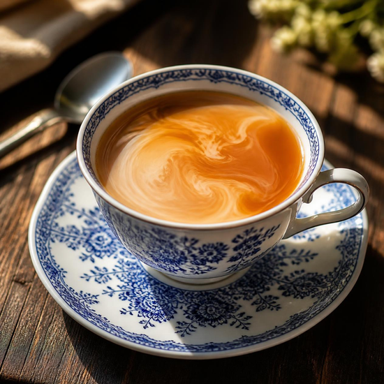 A white ceramic teacup and matching saucer with a blue floral pattern, filled with a swirled amber drink, set on a dark wooden table with a spoon nearby.