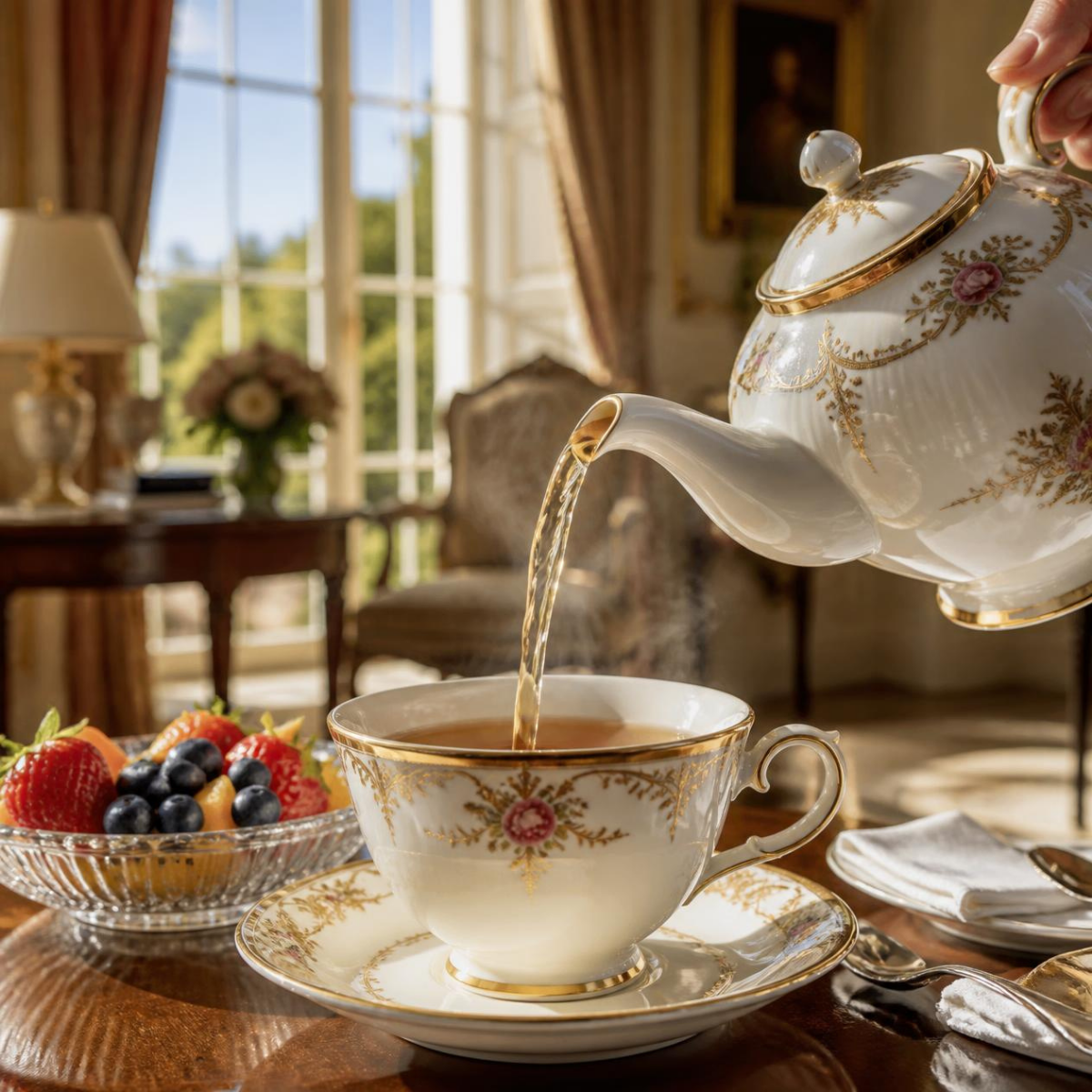 A white porcelain teapot with gold floral detailing pours Lady Londonderry tea into a matching teacup and saucer on a wooden table, with a bowl of fresh berries and a softly lit room in the background.