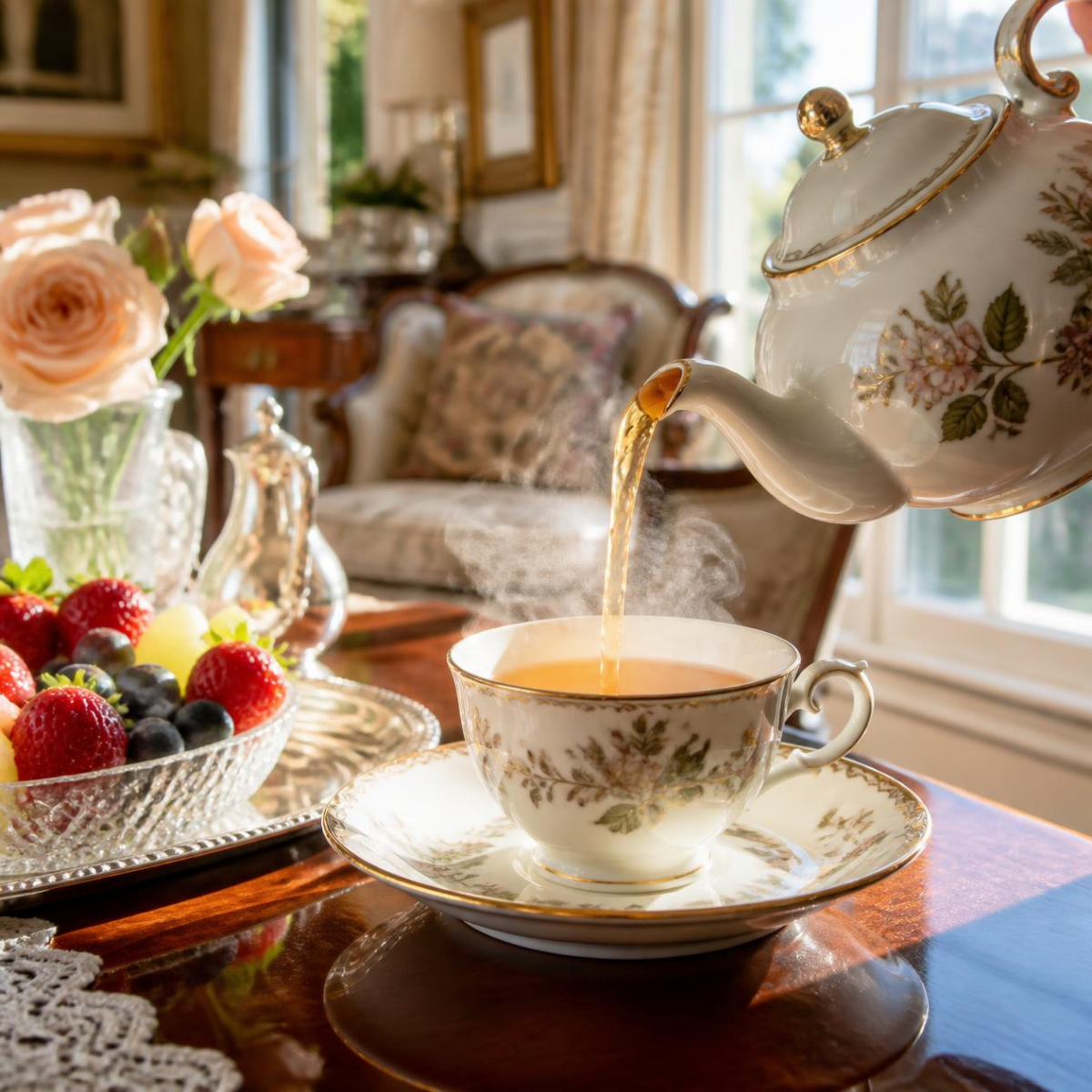 A white porcelain teapot with gold floral detailing pours Lady Londonderry tea into a matching teacup and saucer on a wooden table in a sunlit room. A glass bowl of fresh strawberries, blueberries, and grapes sits nearby, with a vase of roses and a window in the background.