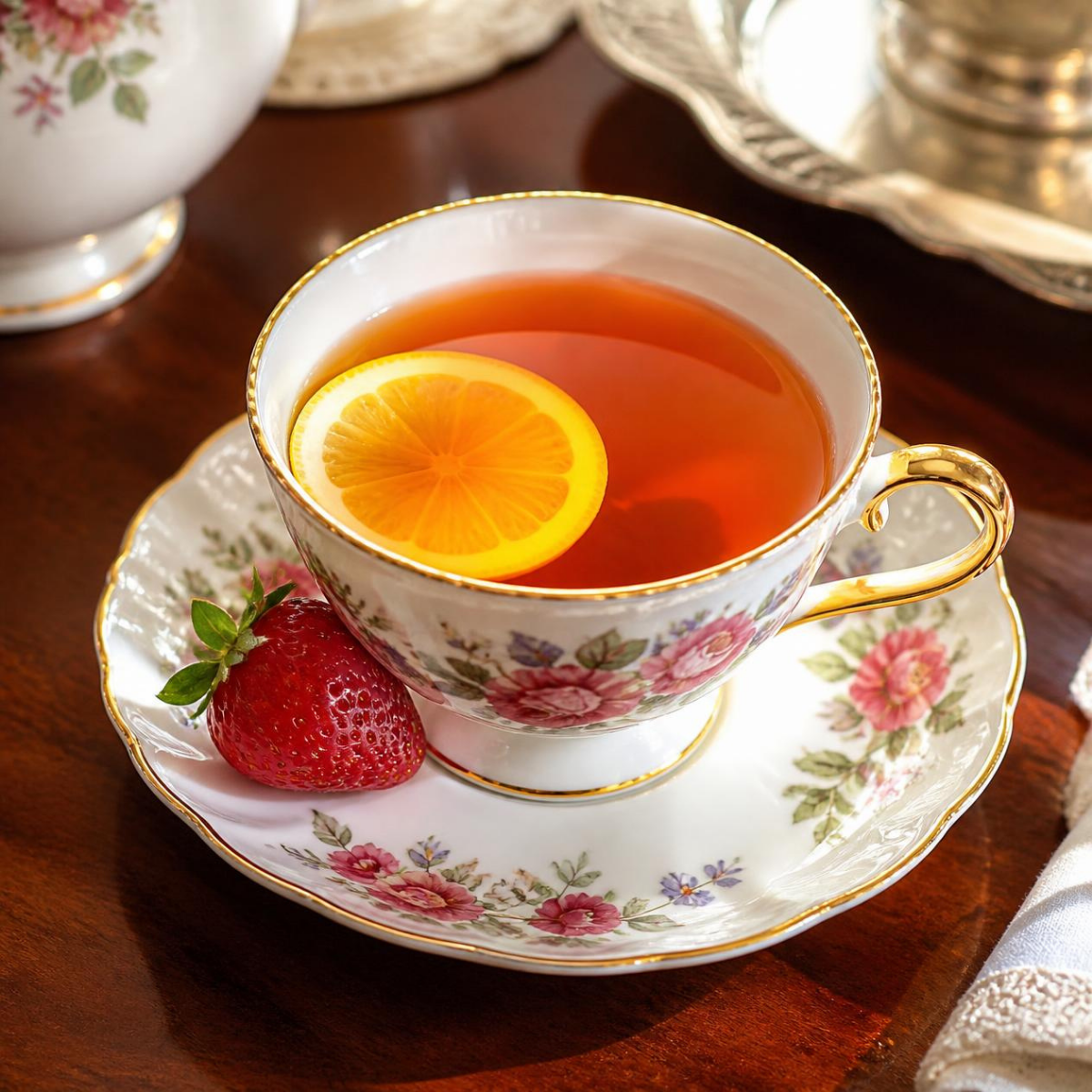 A floral teacup filled with amber Lady Londonderry tea and a slice of orange, set on a matching saucer with a strawberry, on a dark wooden table.