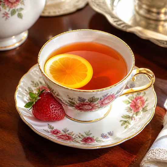 A floral teacup filled with amber Lady Londonderry tea and a slice of orange, set on a matching saucer with a strawberry, on a dark wooden table.