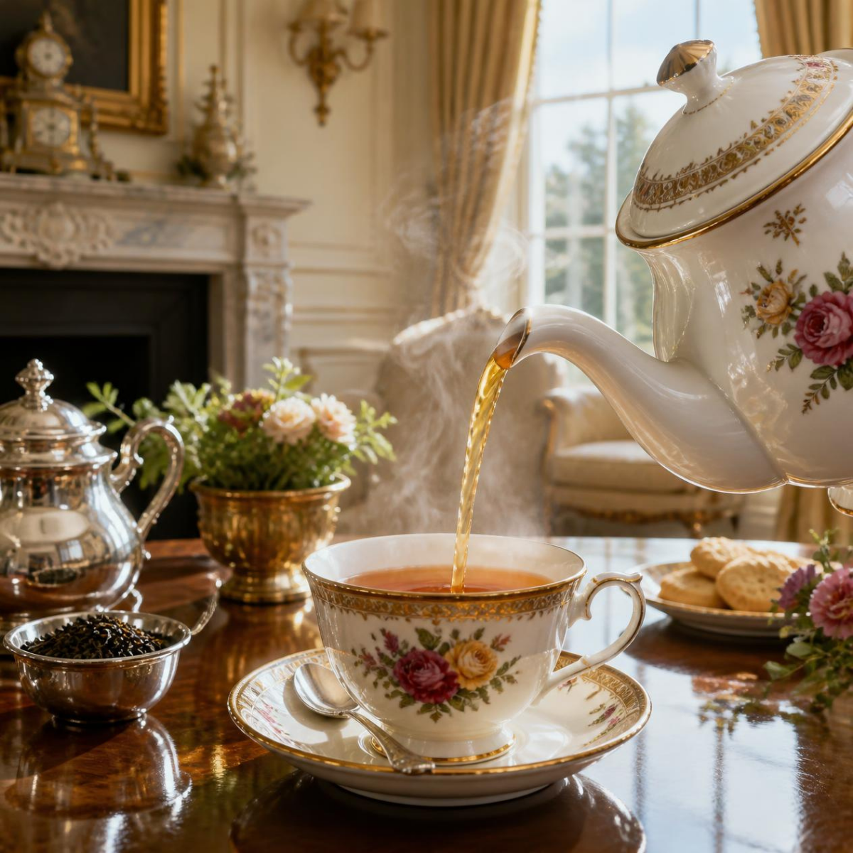 A white porcelain teapot with gold trim and floral decoration pours amber Margaret's Hope Darjeeling tea into a matching teacup and saucer on a polished wooden table in an elegant room. A silver teapot, tea bowl, flowers, and cookies are visible in the background.