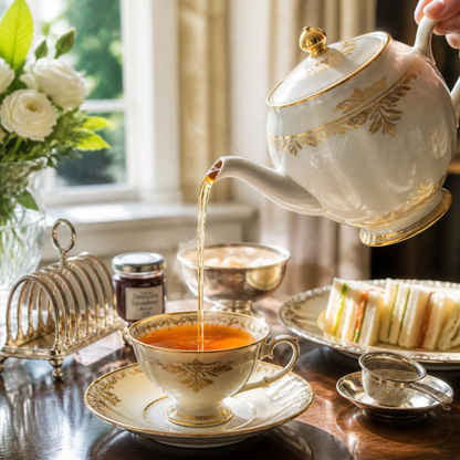 A white porcelain teapot with gold detailing is pouring Margaret's Hope Darjeeling tea into a matching teacup and saucer on a table set for tea, with sandwiches, a small tea strainer, and flowers in the background.