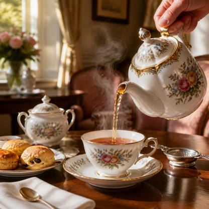A hand pours Margaret's Hope Darjeeling tea from an ornate white porcelain teapot with gold trim and floral decoration into a matching teacup and saucer on a wooden table. A second teapot, sugar bowl, and pastries sit in the softly lit background of a cozy indoor setting.