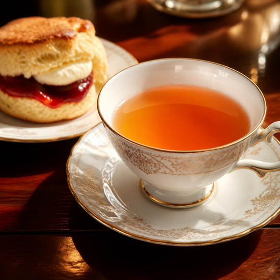 A white porcelain teacup with gold detailing filled with amber Margaret's Hope Darjeeling tea, set on a matching saucer on a dark wooden table, with a scone and cream and jam in the background.