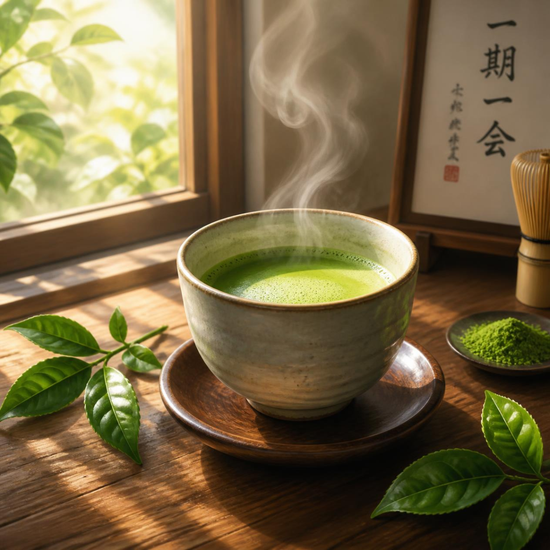 A steaming cup of green matcha tea sits on a wooden saucer on a rustic table, with matcha powder in a small dish, tea leaves, and a bamboo whisk nearby. A window with soft sunlight and a framed calligraphy print are in the background.