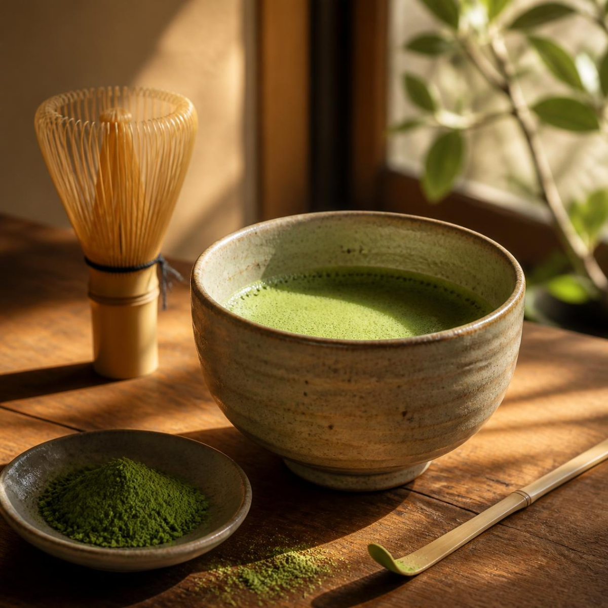 A ceramic bowl filled with green matcha tea sits on a wooden table, with a small dish of matcha powder, a bamboo whisk, and a bamboo scoop nearby in warm natural light.