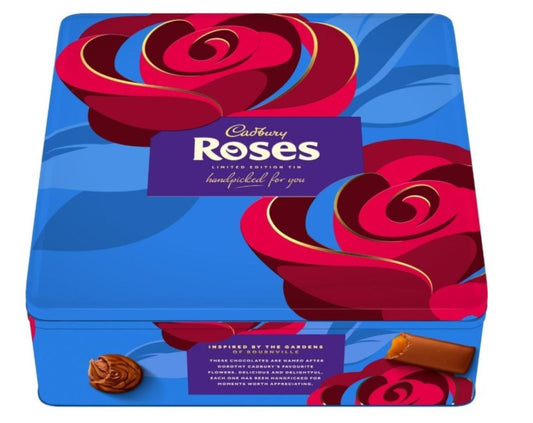 Cadbury Roses chocolate box with rose design on a blue background