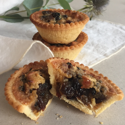 Close of a tart open to show ingredients