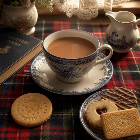 A cup of tea on a blue-and-white patterned saucer sits on a red tartan tablecloth, with cookies on a small plate nearby and a creamer pitcher in the background. A book titled 'Scottish Poems' is visible on the left.